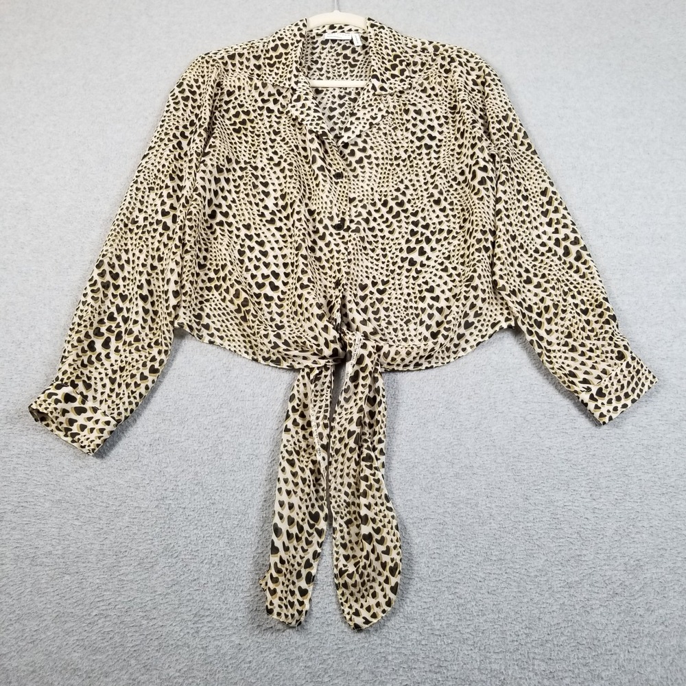 ASOS Button Up Shirt Womens 4 Tan Black Heart Print Sheer Crop Top Tie Front